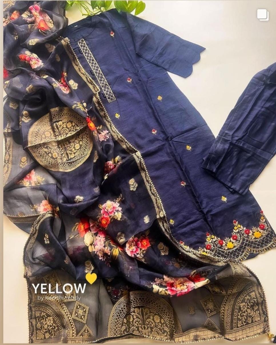 MUSLIN HANDWORKED SUIT SET WITH ORAGANZA FLORAL DUPATTA