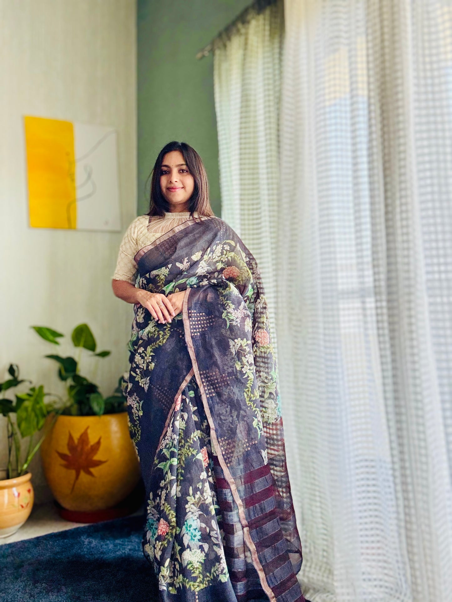 Black Linen Kora saree with woven sequins