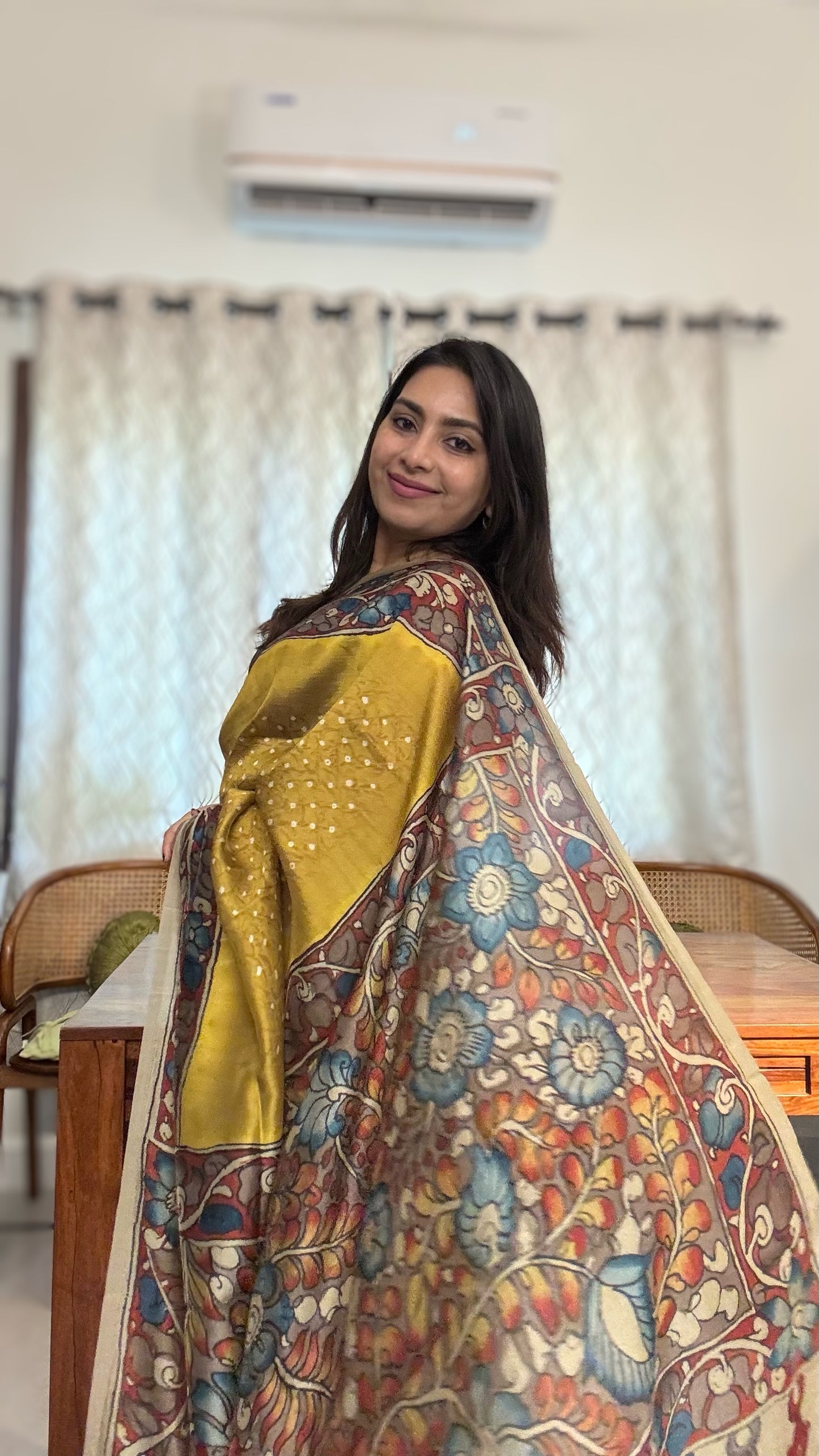 Bandhini Kalamkari saree - Yellow