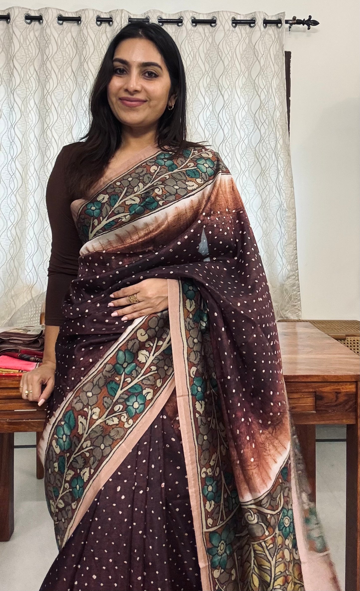 Bandhini Kalamkari saree - Brown