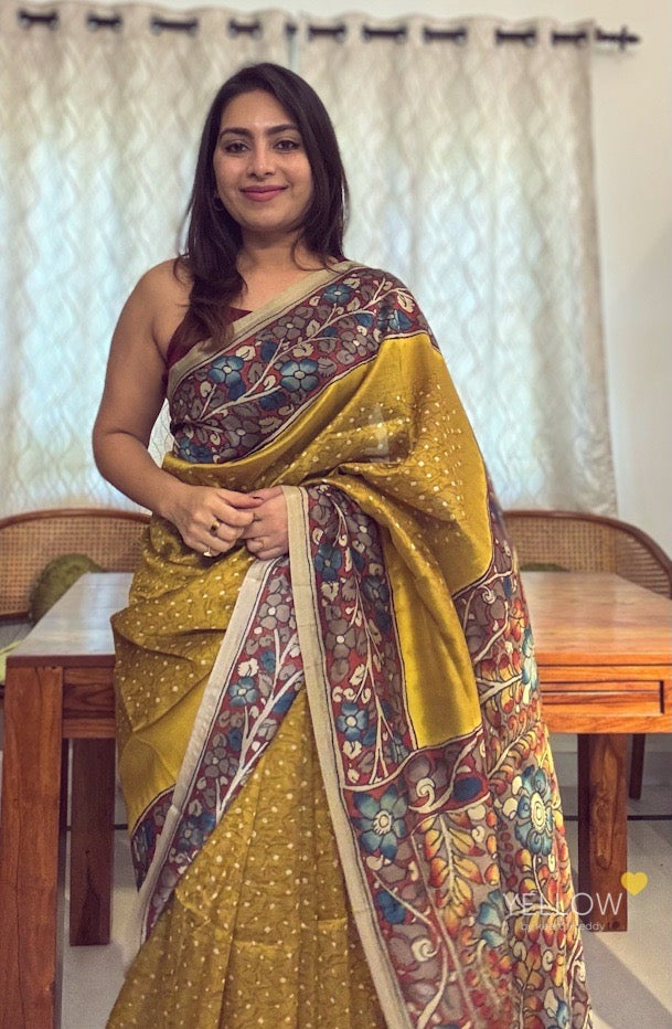 Bandhini Kalamkari saree - Yellow