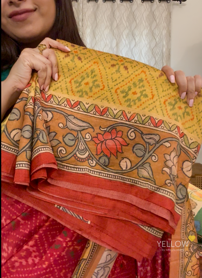 Yellow patola and kalamkari Saree
