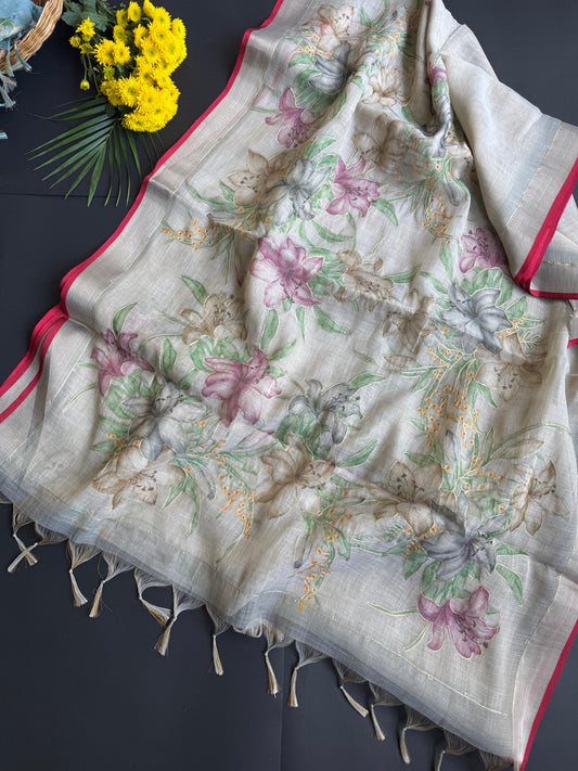 LINEN SAREE WITH FLORALS