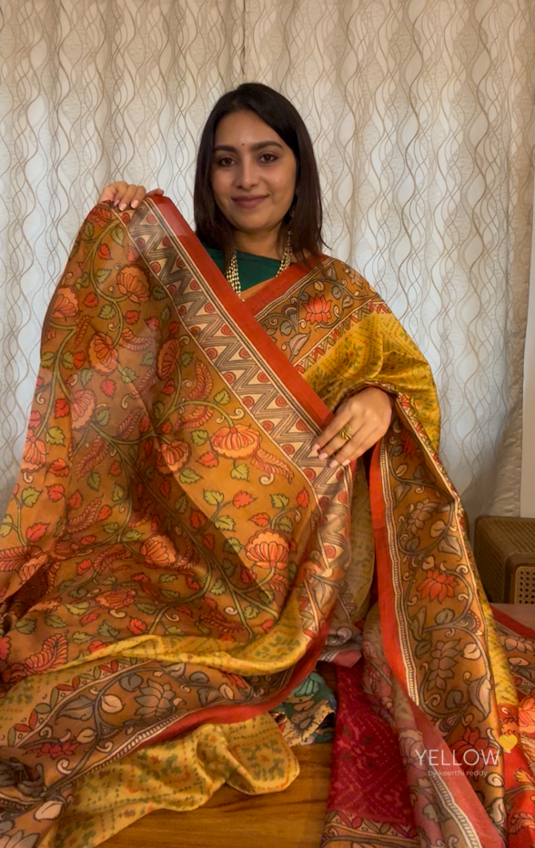 Yellow patola and kalamkari Saree