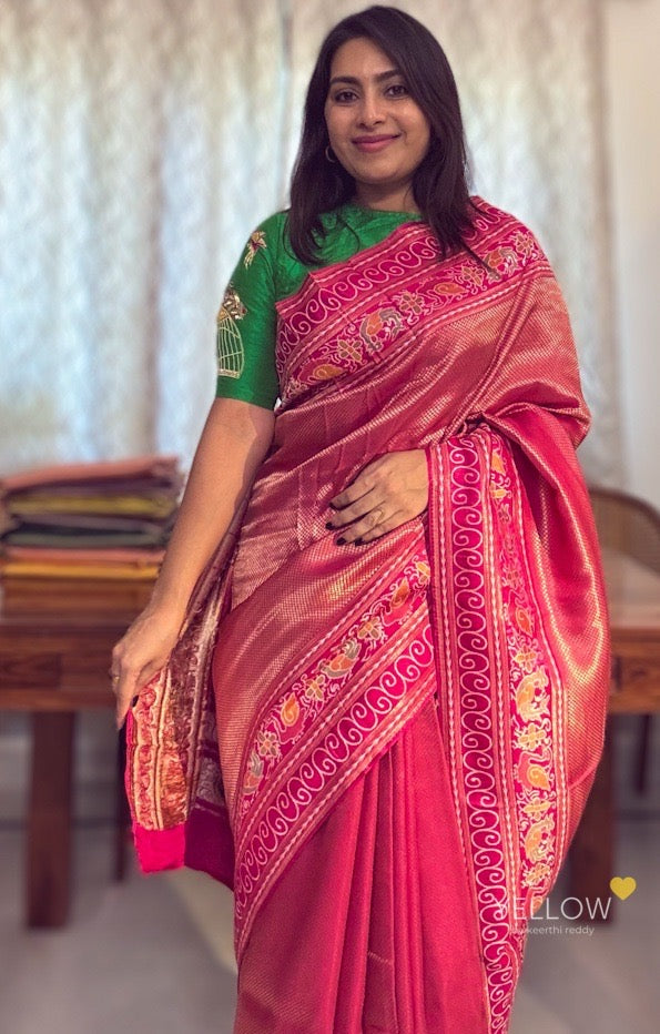 Moonga Banaras with paithani woven border