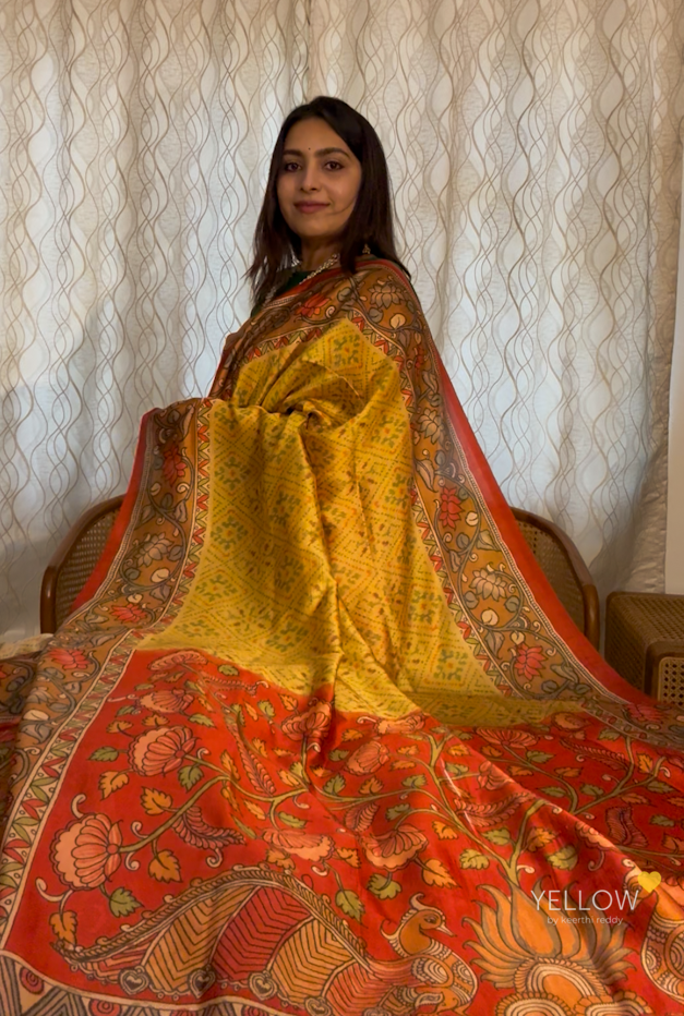 Yellow patola and kalamkari Saree