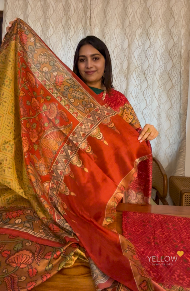 Yellow patola and kalamkari Saree