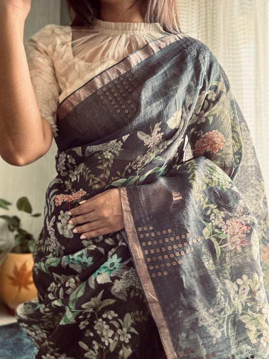 Black Linen Kora saree with woven sequins