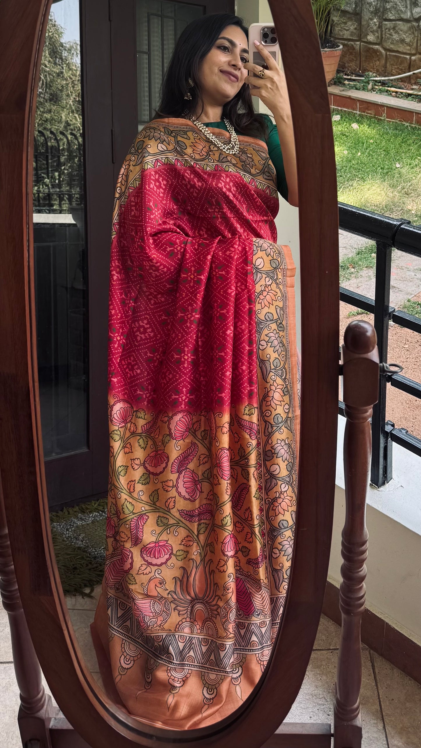 Red patola and kalamkari Saree