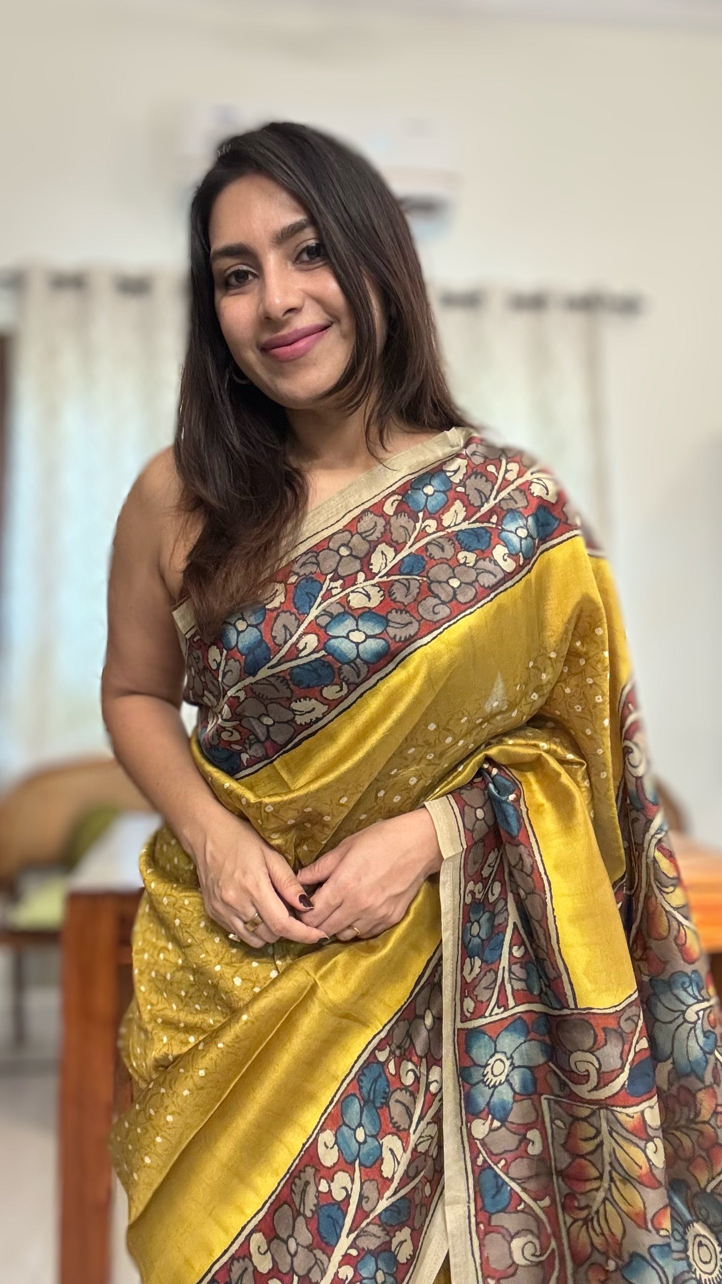 Bandhini Kalamkari saree - Yellow