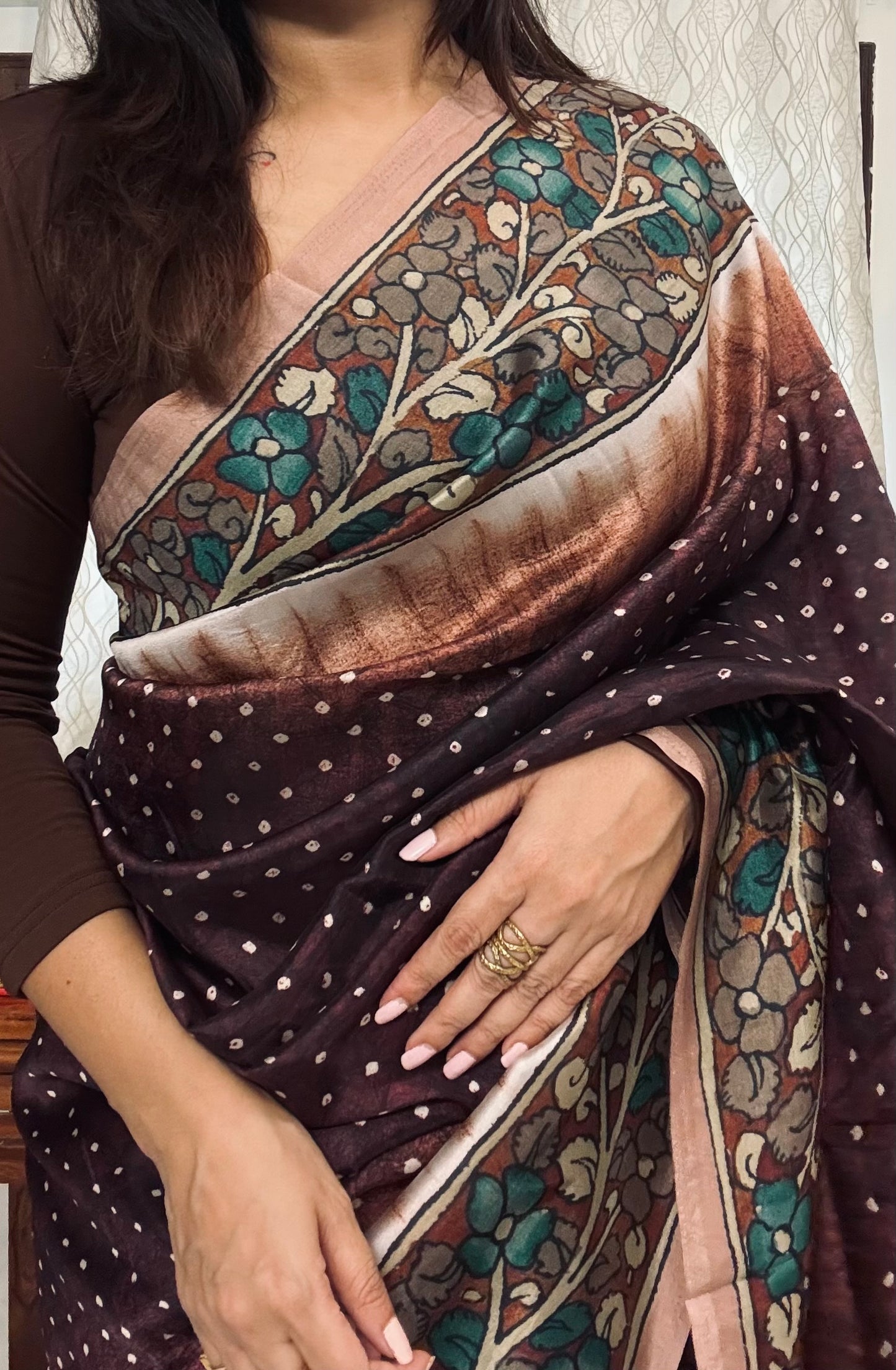 Bandhini Kalamkari saree - Brown
