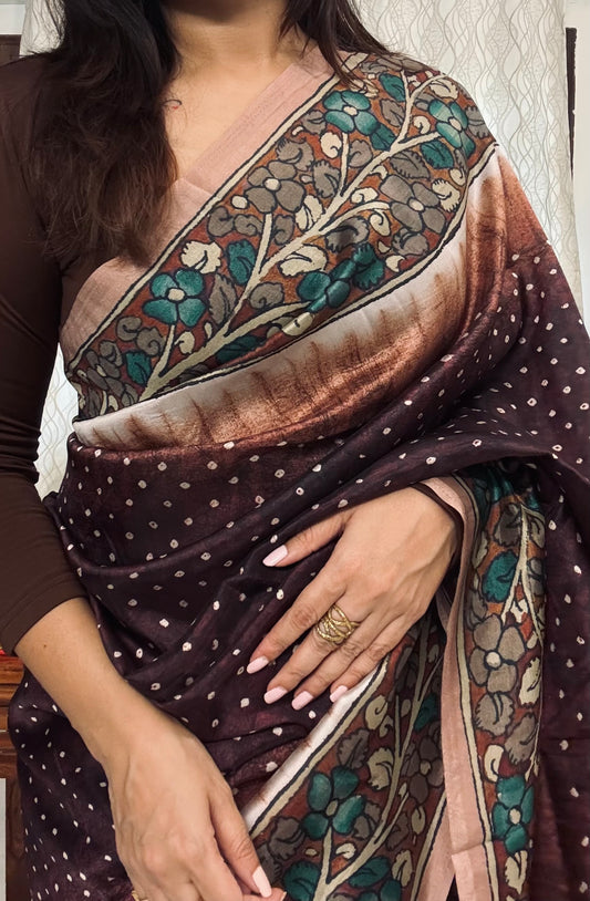 Bandhini Kalamkari saree - Brown
