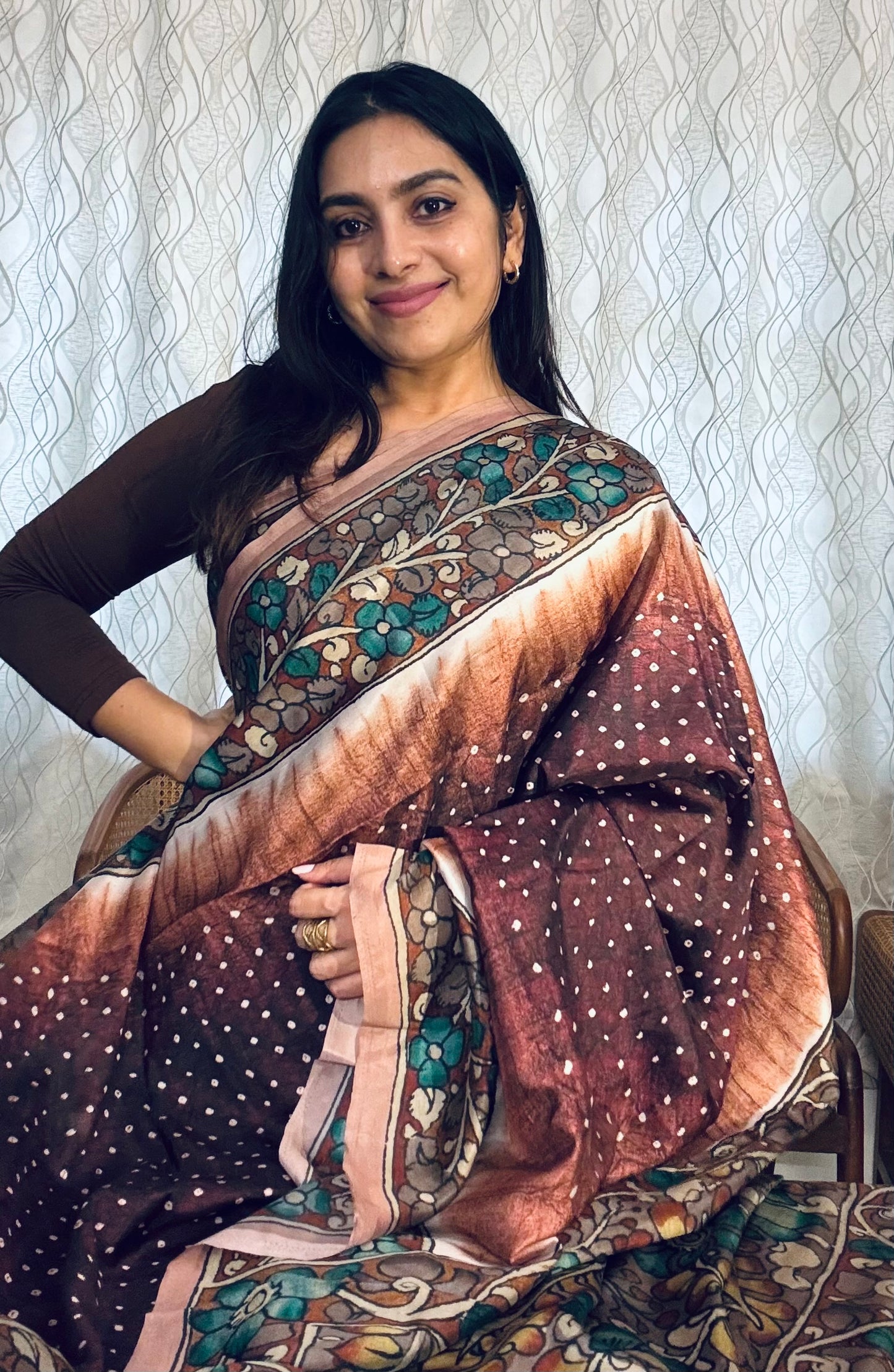 Bandhini Kalamkari saree - Brown