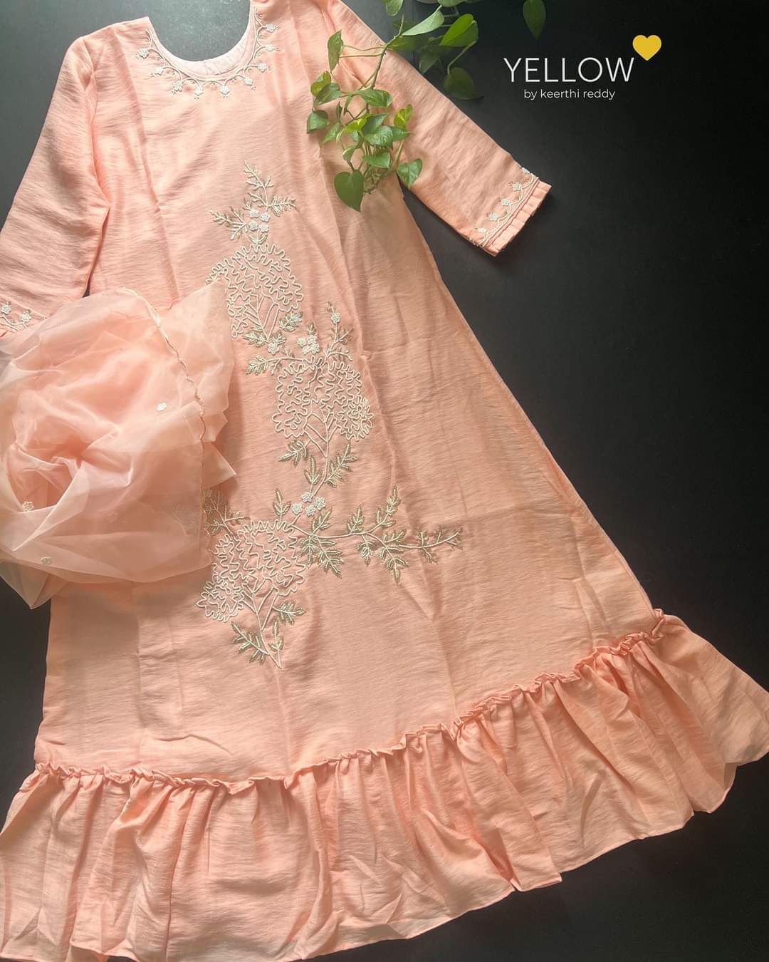 Peach long dress with Heavy Pearl work