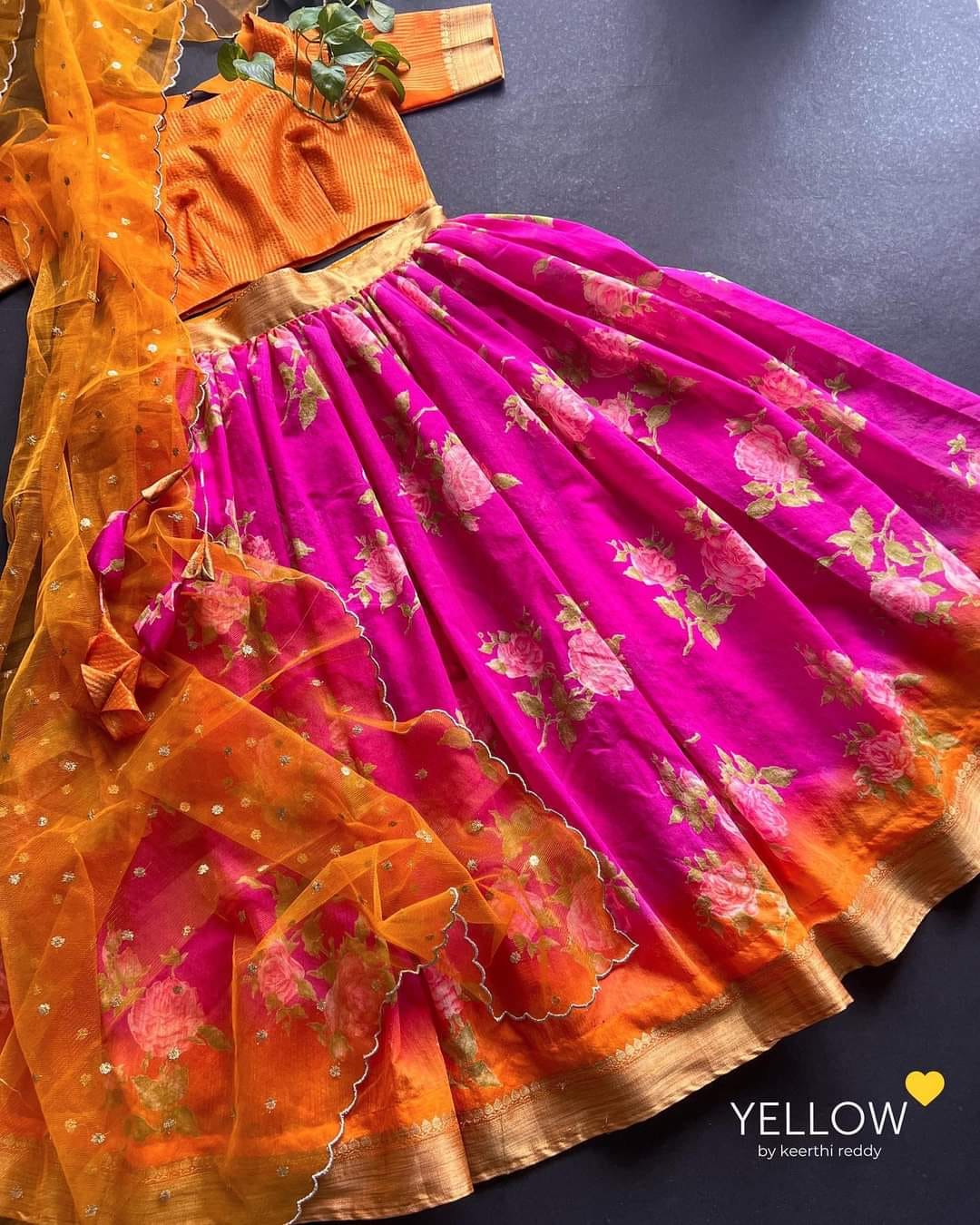 Floral Lehanga with Golden Zari and Net Dupatta